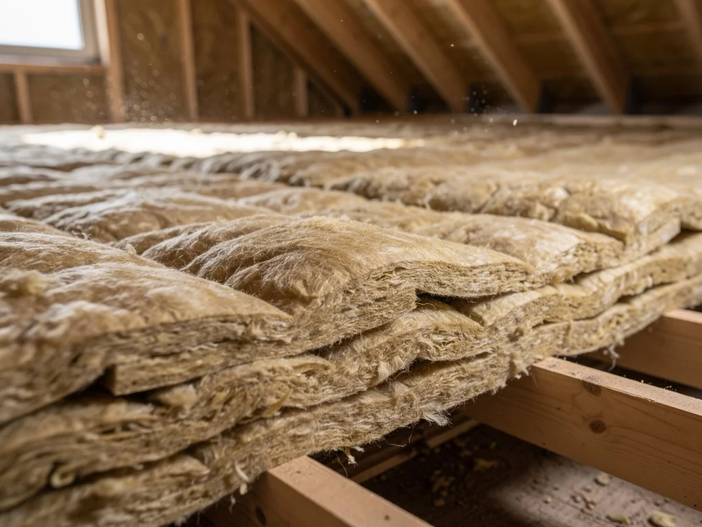 Double couche de laine de verre sur le plancher des combles